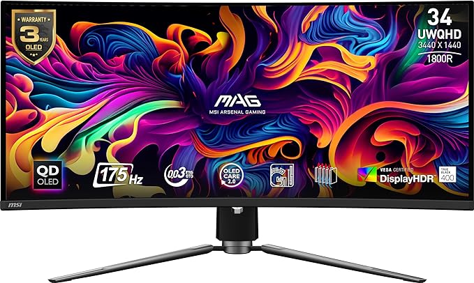 MSI MAG341CQP QD-OLED, 34 Curved OLED Gaming Monitor, 3440 x 1440 (UWQHD), OLED 0.03ms Response time, 175Hz, True Black HDR 400, HDMI, DP Port, USB Type C, Tilt, Height