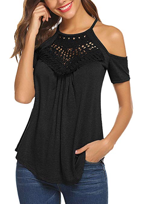BLUETIME Women's Casual Short Sleeve Flowy Lace Cold Shoulder Summer Tops Blouses Basic Tee Shirt