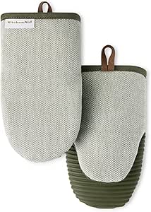 KITCHENAID® Evergreen Design Series Herringbone Ribbed Soft Silicone Mini Oven Mitts 2-Pack Set, Heat Resistant up to 500°F, Flexible & Waterproof, Deep Forest Green, 5.5"x9"