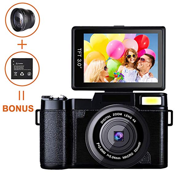 Digital Camera Camcorder, Weton Full HD 1080P Video Camera 24.0MP 3.0 Inch Flip Screen Vlog Camera LCD Mini Camcorders with Wide Angle Lens and Flash Light (Two Batteries Included)