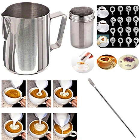 Buytra Stainless Steel Milk Frothing Pitcher 12 oz Coffee Shaker Duster Icing Sugar Powder Cocoa Flour Sifter 16 Pieces Cappuccino Barista Coffee Art Stencils Pen