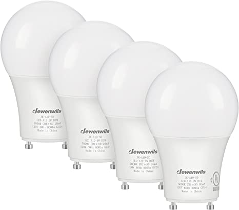 DEWENWILS GU24 LED Light Bulb, 60W Equivalent, Dimmable 2 Prong Light Bulbs, 5000K Daylight White, 9W 800 Lumens, A19 Shape Bulbs, GU24 Twist Lock Base, UL Listed, 4 Pack