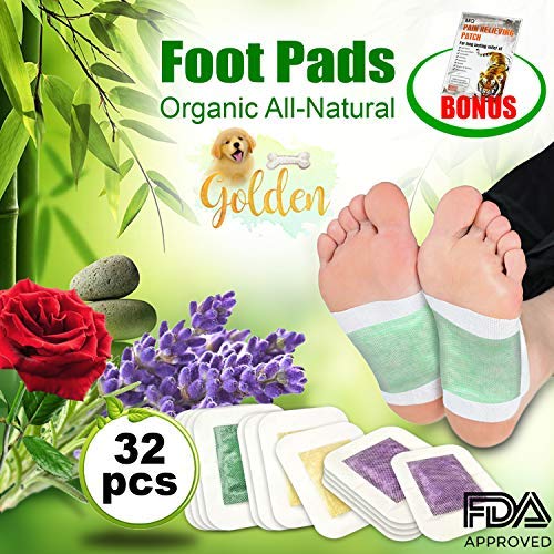 Foot Pads by GOLDEN | 32 Pack Premium Foot Patches | 100% Organic | All Natural Pain and Stress Relief Aid | Reflexology | Circulation and Sleep Aid | Bonus 5 Pain Relief Patches