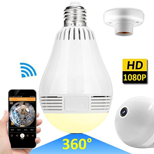 Wireless LED Bulb WiFi IP Hidden Camera 360 Degree Panoramic 1080P HD Fisheye for IOS Android APP Remote Home Security System Support for Indoor Outdoor House Yard Office Baby Room Pet by iCooLive