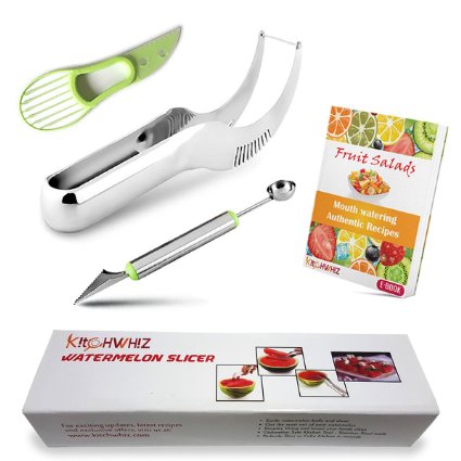 KitchWhiz - Premium Watermelon Slicer - Stainless Steel Watermelon Knife with Melon Baller & Avocado Slicer For Hassle free Juicy slices and fruit decoration - BONUS Salads & Fruit Ideas E-Book