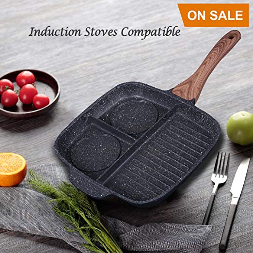 KI Stone & Ceramic Breakfast Pan 3 Section Divided Grill/Fry/Oven Meal Skillet Non-Stick Die-Casting Aluminum Cooker Pan, Induction Frying Pan, 1 Year Warranty
