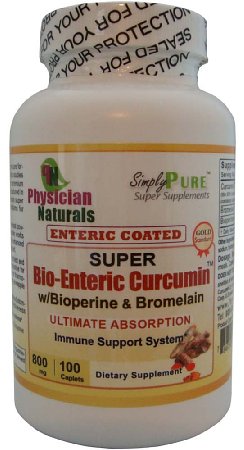 Super Bio-Enteric Curcumin w Bioperine-Bromelain 800 mg-100 Tabs ENTERIC COATED 5X Absorption