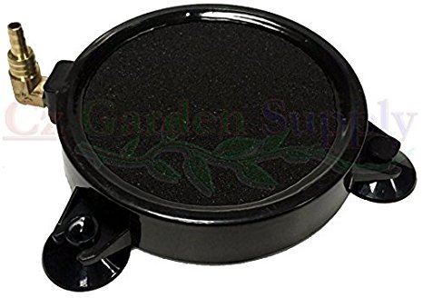4 inch Round Air Stone Bubbler BLACK Premium Grade Bubble Diffuser. 90 Degree Metal Inlet Prevents Kinks! 3 Suction Cups to Hold in Place. Perfect for Hydroponics, Aquaponics, Ponds, Aquariums, etc.