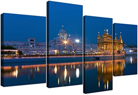 Large Sikh Canvas Wall Art Pictures of The Golden Temple at Amritsar - Set of 4 - Multi Panel Artwork - Modern Split Canvases - XL - 130cm Wide