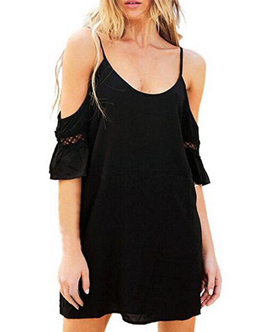 ZANZEA Women's Cut Out Cold Shoulder Trumpet Sleeve Spaghetti Strap Dress Tops