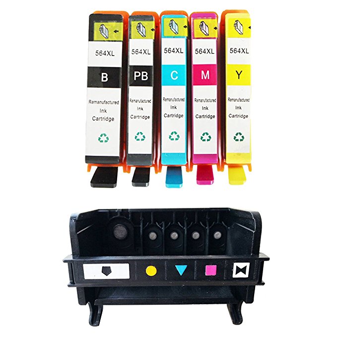 HOTCOLOR 1 Pack for 564 Printhead 5-slot CB326-30002 CN642A Remanufactured Long-life and 5 Pack for 564XL Ink Cartridge BK/PBK/C/M/Y High Yield Hign Capacity for 7510 7515 7520 Printer