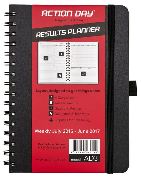 Action Day Planner 2016 - 2017 Academic Calendar : Daily Weekly Monthly Yearly Organizer & Goal Journal - Designed to Set Goals & Get Things Done ( 6 x 8 / Wire-Bound / Black )