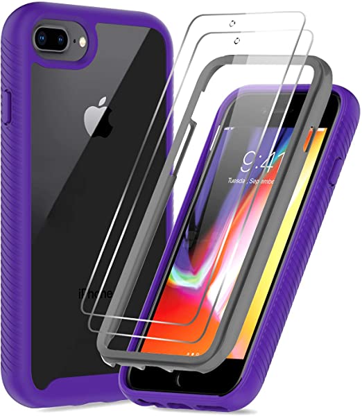 LeYi Compatible for iPhone 8 Plus Case, iPhone 7 Plus Case, iPhone 6 Plus Case with Tempered Glass Screen Protector [2 Pack], Full-Body Shockproof Hybrid Clear Phone Case for iPhone 6s Plus, Purple