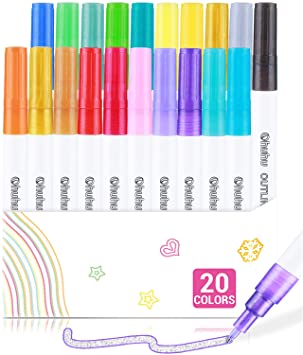 Self-outline Metallic Markers, Ohuhu 20 Colors Double Line Outline Doodle Dazzle Shimmer Super Squiggles Markers for Journaling Gift Card Writing Making Coloring Sketching Marker Pens Back to School