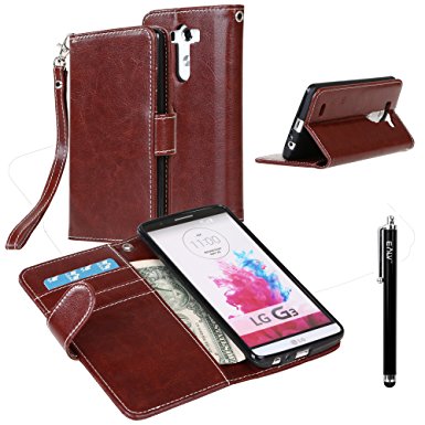 LG G3 Case, LG G3 Flip Case - E LV LG G3 Deluxe PU Leather Folio Wallet Full Body Protection Case Cover for LG G3 with 1 Stylus - Brown