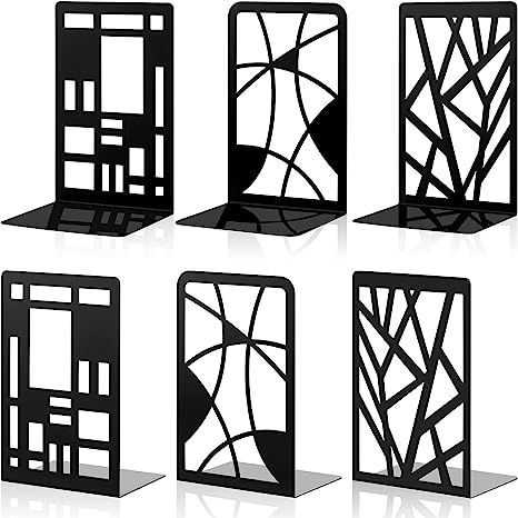 3 Pairs Metal Bookends for Shelves Decorative Tree Book Holder Leaf Bookends Geometrical Art Design Book Stopper for Book Divider Decorative Holder, Home, Office, School Supplies (Geometrical, Black)