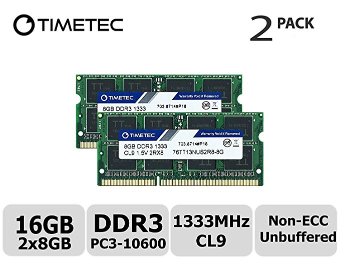 Timetec Hynix IC 16GB Kit(2x8GB) DDR3 1333MHz PC3-10600 Non ECC Unbuffered 1.5V CL9 2Rx8 Dual Rank 204 Pin SODIMM Laptop Notebook Computer Memory Ram Module Upgrade(16GB Kit(2x8GB))