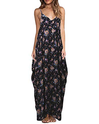 ZANZEA Women's Boho Floral Print V Neck Spaghetti Strap Long Maxi Dress Sundress