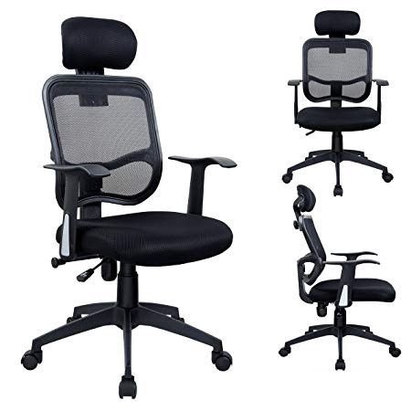 Desk Chair Black Office Chair Ergonomic Swivel Chair with Mesh Fabric Cover and Headrest Height-Adjustable Duhome 0391