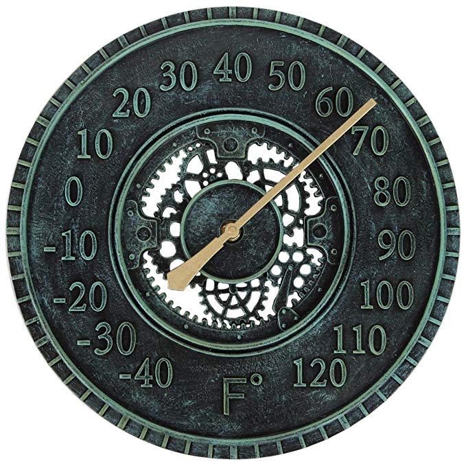 Lily's Home Hanging Wall Thermometer, Steampunk Gear and Cog Design with a Pewter Finish, Ideal for Indoor or Outdoor Use, Poly-Resin (12 Inches Diameter)