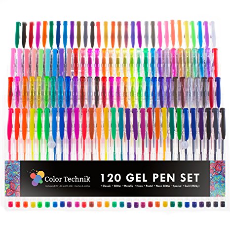 120 Gel Pens by Color Technik INDIVIDUALLY UNIQUE Best Colors On AMAZON, Glitter, Metallic, Neon Glitter, Special, Neon, Swirl Milky & Classics. Now With More Ink! Enhance Your Adult Coloring Book Now