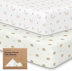 2-Pack Organic Crib Sheets for Boys, Girls - Jersey Fitted Crib Sheet, Baby Crib Sheets Neutral, Crib Mattress Sheet, Cotton Crib Sheets, Breathable Crib Sheet, Baby Mattress Sheets (Nibbles/Bruce)