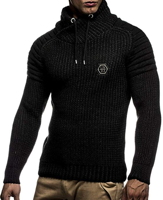 LEIF NELSON Men’s Knitted Pullover | Long-Sleeved Slim fit Knitwear | Biker-Style Sweatshirt with Shawl Collar for Men