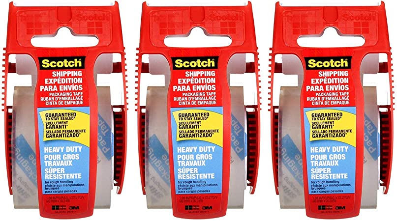 Scotch Heavy Duty Shipping Packaging Clear Tape, 1.5" Core, 1.88" x 22.2 Yard, Red Dispenser (3-Pack)