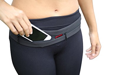 Running waist pack belt - Double expandable pocket to bring your iPhone 6 - SE - 5 - Samsung S5 or similar - keys and other personal item | Reinforced zipper - Runners like it also good for cycling, hiking or walking the dog (Black)