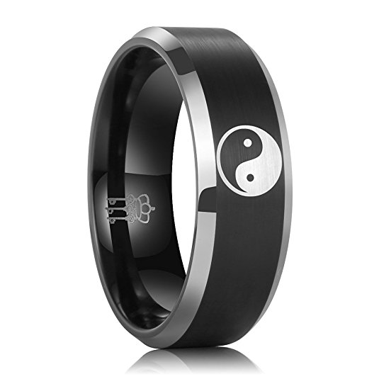 Three Keys Jewelry 8mm Tungsten Wedding Ring Laser Eight Diagrams Yin Yang Wedding Band Engagement Ring