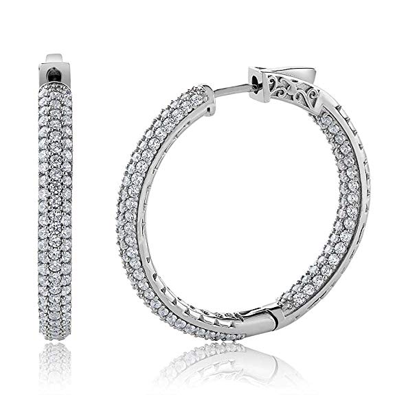 Sterling Silver 3 Row Pave Inside-Out Cubic Zirconia CZ Ladies Hoop Earrings (2.00 cttw, 1.5 Inch = 35X35MM)