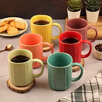 Anwaliya Aitne Series Handmade Ceramic Coffee Mug Set of 6, 300 ml, Tea Mug Set, Square, Stackable, Chip Resistant, with Handle (Multicolor)