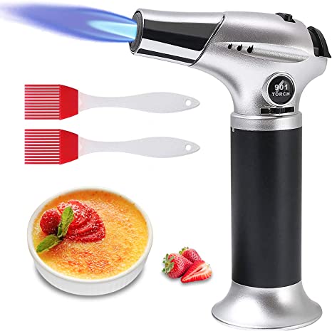 flintronic® Antorcha de Cocina, Antorcha de Butano Rellenable con Cierre de Seguridad, llama Ajustable con 2 Cepillos de Silicona para Cocinar, Barbacoa, Pasteles, Soldadura (Gas Butano no Incluido)