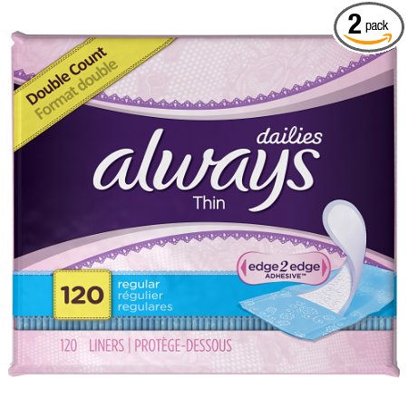Always Incredibly Thin Regular Daily Liners, wrapped, 120 Count , Pack of 2