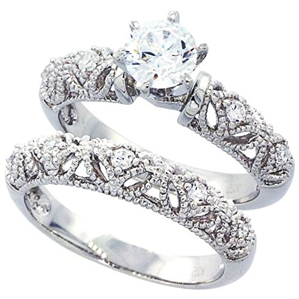 Sterling Silver Wedding Ring Set, Round CZ Engagement Ring 2pcs Vintage Bridal Sets ( Size 5 to 10)