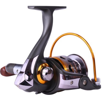 Sougayilang Spinning Fishing Reels with Left/right Interchangeable Collapsible Wood Handle Powerful Metal Body 5.2:1/5.1:1 Gear Ratio Smooth 11BB For Inshore Boat Rock Freshwater Saltwater Fishing