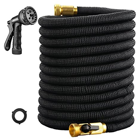 URCERI 75ft Expandable Garden Hose with 3/4" Solid Brass Fittings 8 Function Spray Nozzle Shut Off Valve Carrying Bag