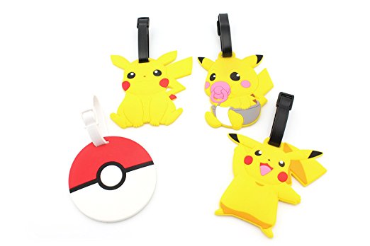 FinexSet of 4 Pokemon Poke Ball Travel Luggage Tags Bag Tag Adjustable Strap (Pikachu)