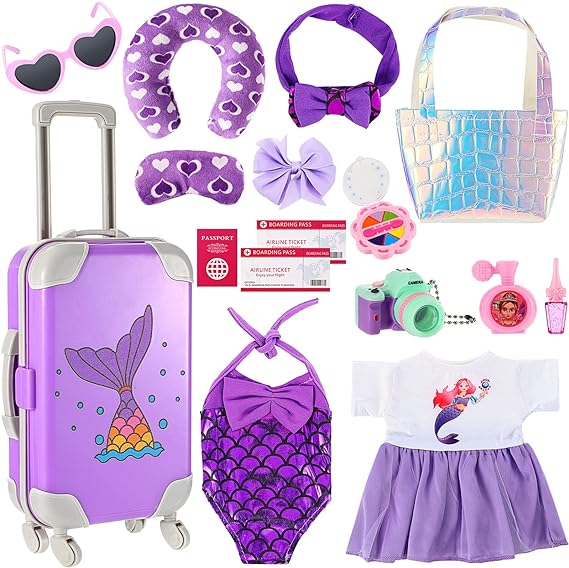 Travel Luggage Play Set for 18 Inch Doll Accessories and Furniture Doll Luggage Seat with Mermaid Doll Clothes Sunglasses Camera Toy Travel Pillow Travel Doll Playsets, Doll Not Included (Vivid Style)