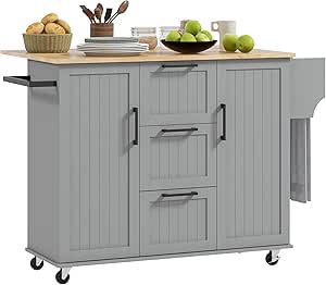 HOMCOM Kitchen Island with Drop Leaf, Rolling Kitchen Cart on Wheels with 3 Drawers, 2 Cabinets, Natural Wood Top, Spice Rack and Towel Rack, Grey