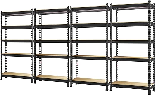 PrimeZone Storage Shelves 4 Pack 5 Tier Adjustable Garage Storage Shelving, Heavy Duty Metal Storage Utility Rack Shelf Unit for Warehouse Pantry Closet Kitchen, Black