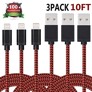 iPhone Charger Xcords 3Pack 10ft Nylon Braided Lightning Cable Fast Charging and Syncing Cord Compatiable with iPhone 8 8P X 7 7P 6 6s 6P 5 5s 5c SE iPad iPod Nano(Redblack)