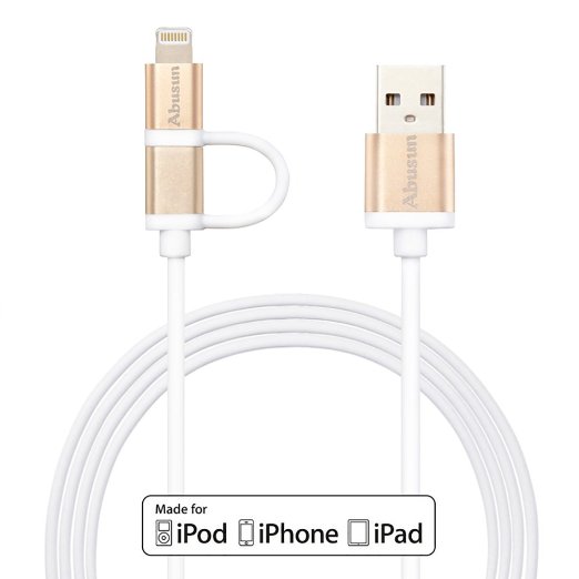 [Apple MFi Certified] Abusun 2 in 1 MFI lightning cable 3.3ft 8 Pin 2.4A High Speed Data Sync & USB Cable with Aluminum connector for iPhone, iPad, iPod, Samsung, HTC, Nokia, Sony and Android-Golden