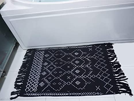 YoKii Moroccan Throw Runner Rugs Boho Tassel, Black and White Small Area Rug Tribal Geometric Bathroom Rug Cotton Woven Kitchen Mat with Non-Slip Mattress Pad (2'x4'4'', Black)