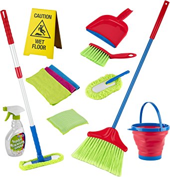 Kids Cleaning Set 12 Piece - Toy Cleaning Set Includes Broom, Mop, Brush, Dust Pan, Duster, Sponge, Clothes, Spray, Bucket, Caution Sign, - Toy Kitchen Toddler Cleaning Set - Original - By Play22