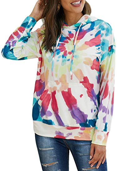 EVALESS Women Tie Dye Sweatshirts Color Block Hoodies Long Sleeve Pullover Top with Pockets