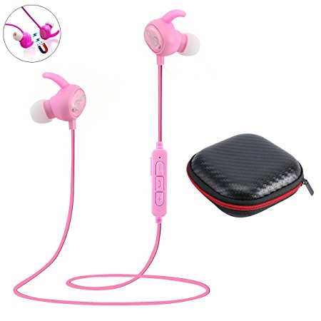 Bluetooth Headphones With Magnetic Connection Earbuds,Stereo Wireless Earphone With Built-in Mic, V4.1 Sport Fashionable Design Noise-cancelling Earhook Headset For All Phones(pink)