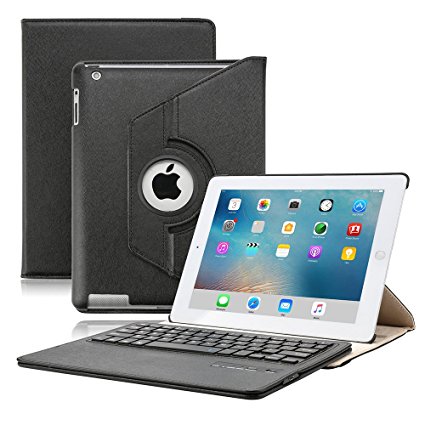 KVAGO Luxury Stylish iPad 2 3 4 Keyboard Leather Case   Screen Protector   Stylus Pen 360 Degree Rotating Stand Flip Cover Protective Case with Detachable Wireless Bluetooth Keyboard for Apple iPad 2/iPad 3/iPad 4 Keyboard Swivel Case Folio Cover Portfolio Sleeve with Elastic Strap - Black