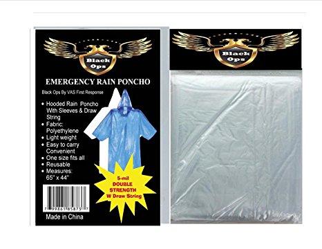 VAS BLACK OPS 4 PACK DOUBLE STRENGTH 5 MIL ADULT CLEAR 65" x 44" EMERGENCY HOODED RAIN PONCHO WITH HODD, SLEEVES & DRAW STRING