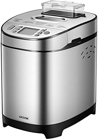 AICOOK Stainless Steel Bread Machine, 2LB 13-in-1 Programmable Bread Maker with Fruit Nut Dispenser, Nonstick Ceramic Pan, 3 Crust Colors & 2 Crust Colors, Gluten-Free Setting, Reserve& Keep Warm Set